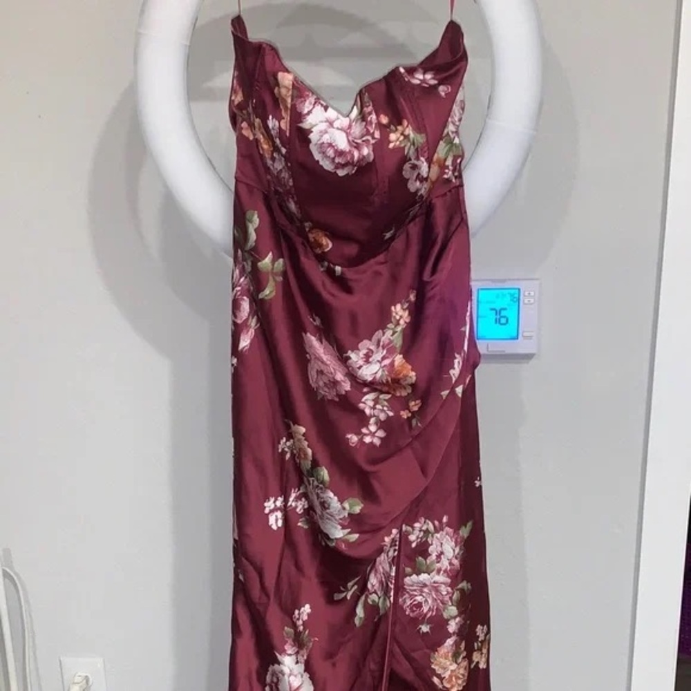 Burgundy Floral Satin Slip Dress